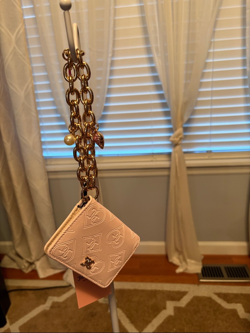 Juicy Couture Pale Pink Embossed Cardholder with Gold Charm Chain